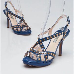 Prada Azzuro Saffiano Vernice Leather Studded Sandals Size 39.5 Made in Italy